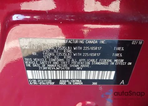 2018 Toyota Rav4 Xle z USA, uszkodzony, nr VIN 2T3RFREV4JW754708